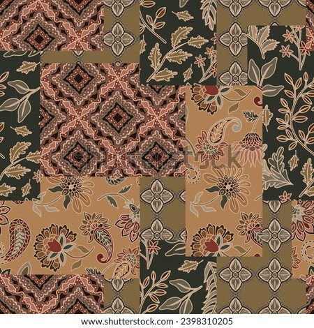 patchwork floral pattern with paisley and indian flower motifs. damask style pattern for textil and decoration. Indian, Arabic. Paisley and geometric motifs fabric patchwork abstract seamless pattern 