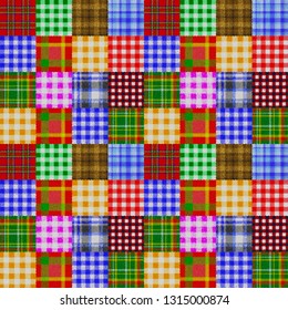 Patchwork pattern of plaid and gingham squares with a cloth weave effect seamless tile illustration