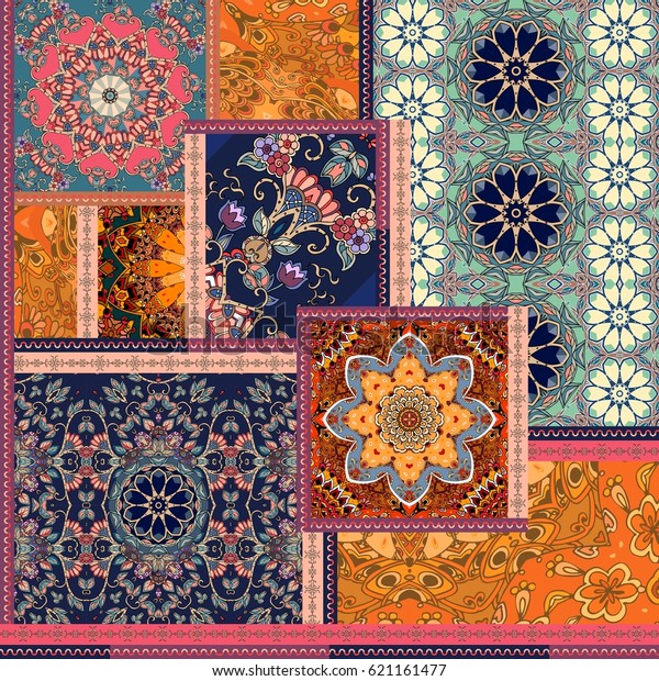パッチワークのパターン 花の様式化 インド アラビア モロッコの動機 布地の民族印刷 のイラスト素材