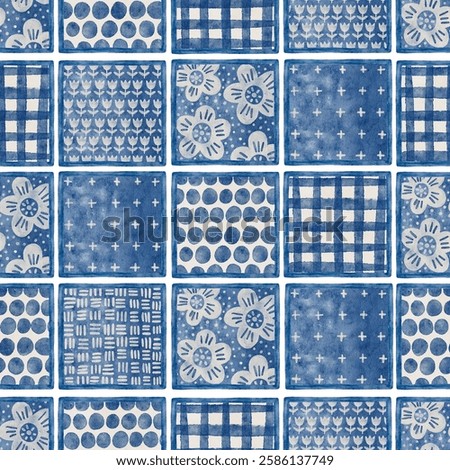 Patchwork watercolor seamless pattern in blue color.