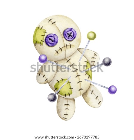 Patchy voodoo doll with purple and green stitched areas, multiple pins and mismatched buttons. Watercolor clipart in seamless pattern use for digital decor or printable kits
