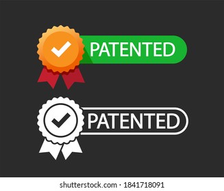 Patent Stamp Icon And Flat Patented Successfully Badge, Licensed Seal Black And White And Color Cartoon Style Sign Label Isolated Tag With Check Mark Tick Modern Set Design Image