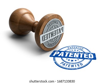 Patented stamp. Wooden round stamper and stamp with text Patented on white background. 3d illustration. rubber stamp.	
