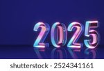 The path to 2025 is illuminated with neon light numbers, with a blue background.,3d rendering