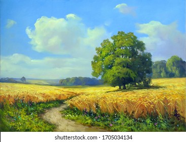 path among a wheat field on a beautiful sunny day,oil painting, fine art, rural landscape, summer, tree, sky, nature