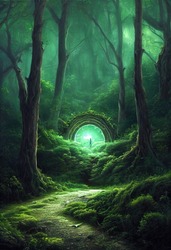 Path To Another Dimension. In A Dense Green Forest. The Leaves On The Trees Are Green. The Whole Earth Is Covered With Green Grass. 3D Illustration.