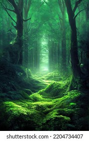 Path to another dimension. In a dense green forest. The leaves on the trees are green. The whole earth is covered with green grass. 3D illustration.