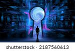 Path to digital technology. The silhouette of a successful man in the keyhole. The businessman is mastering digital cloud computing. The gateway to the world of computer technology. 3D render