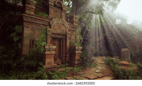 a path leading through a dense forest, with the ruins of an ancient temple nestled amidst the trees.