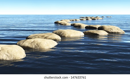 a path made of stones that stay above the surface of deep water, winds toward a unknown destination in a sunny day