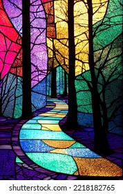 Path Paved with Stained Glass Through Forest Woods - Digital Art, 3D Render, Concept Art