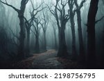 Path through a dark forest autumn fog at night. 3d illustration.