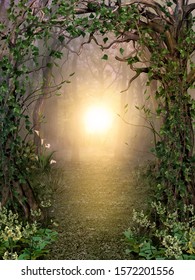Path through enchanting fairytale deep forest view with beautiful heavenly sunset, 3d render 