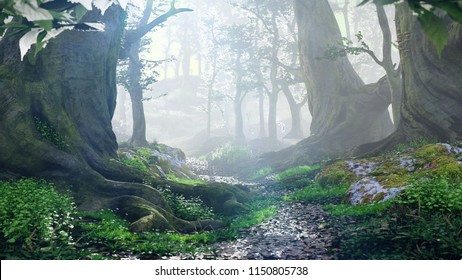 path through magical forest at sunrise, mysterious old trees, fantasy landscape, 3d rendering