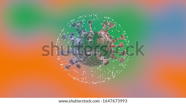 Pathogen outbreak of virus. Dangerous\
illuminating cell turning inside a globe of light particles over\
colorful\
background.