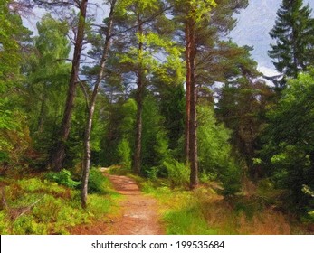 Pathway Through The Forest. Digital Painting, Oil On Canvas Style.