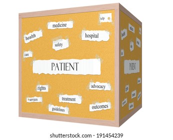 Patient 3D cube Corkboard Word Concept with great terms such as rights, safety, health and more.