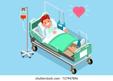Patient in hospital bed with fracture of leg or leg injury. Medical rehabilitation after trauma. Orthopedics and medicine. Flat 3d isometric people illustration
