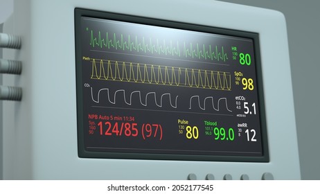 Patient Vital Signs Displayed On Hospital Monitor. Heart Rate Or Heart Beat, Oxygen Saturation, Respiration Indication. ICU Screen, Display. Special Medical Equipment. Cardiogram 3D Render. EKG, ECG