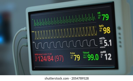 Patient Vital Signs Displayed On Hospital Monitor. Heart Rate, Heart Beat, Oxygen Saturation, Respiration Indication. ICU Screen, Display. Special Medical Equipment. Cardiogram 3D Render Illustration