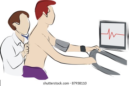 Patient Walk On Exercise Stress Test Or EKG With Doctor