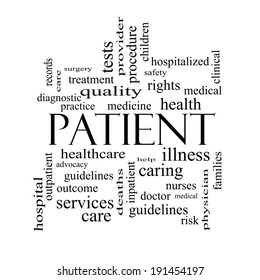 Patient Word Cloud Concept in black and white with great terms such as medicine, rights, healthcare and more.