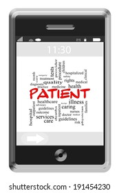 Patient Word Cloud Concept on a Touchscreen Phone with great terms such as rights, healthcare, doctor and more.
