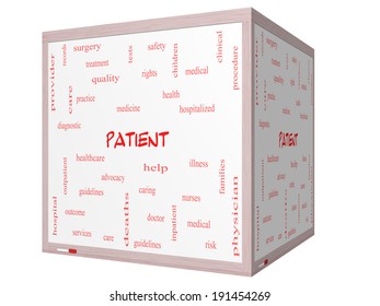 Patient Word Cloud Concept on a 3D cube Whiteboard with great terms such as medicine, rights, healthcare and more.