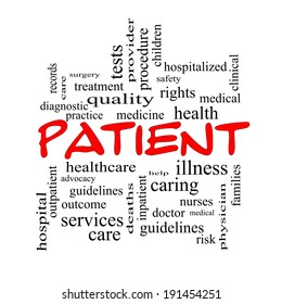 Patient Word Cloud Concept in red caps with great terms such as medicine, rights, healthcare and more.