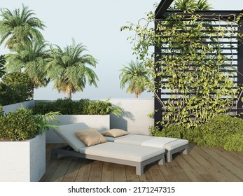 Patio Space Terrace Or Porch With Lounger Deck Chair. Greenery Of Palm Trees. Lounge Chair Yard. Outdoor Furniture - Luxury Nice Exterior Design. Courtyard Mockup. 3d Rendering. 