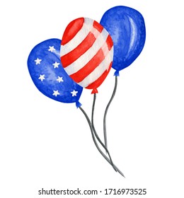 Patriotic Balloon. 4th Of July America Celebration Party Watercolor Independence Day Of The USA Decoration. Blue Red Stars Stripe American Flags In Kind Of Balloons.