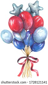 Patriotic Balloon. Watercolor Painting Isolated On White Background.
