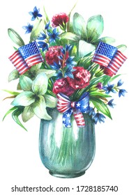 Patriotic flower pot with American flags. Watercolor painting isolated on white background.