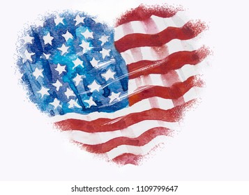 Patriotic heart flag of America, Hand-drawn, Watercolor painting on white background. Painted Impressionist style, copy space