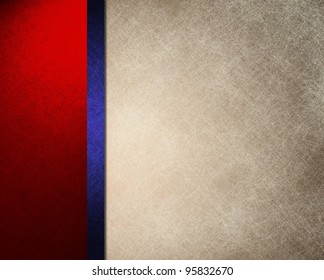 patriotic red white and blue background with bright primary colors and parchment texture with colorful ribbon stripe layout design for election or July 4th copyspace text