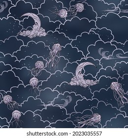 Pattern with the background of the night sky. Mix of sea and clouds. Moon and jellyfish. Surrealism. Ornament for fabric. Blue night with silver lines and glitter. Quality 300dpi