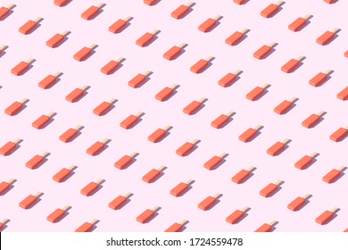 Pattern Background Of Orange Ice Cream Bar On Light Pink Background. 3D Illustration Or 3D Render Of Ice Cream. Minimal Background Pattern.