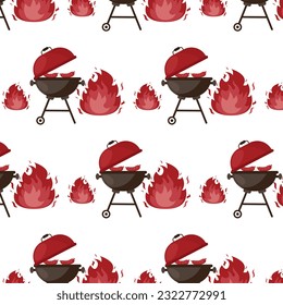 Pattern Barbecue grill elements set isolated on light background. BBQ party poster. Meat restaurant at home. Charcoal kettle with tool, sauce and foods. Kitchen equipment for menu.  - Powered by Shutterstock