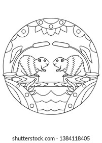 Pattern with beavers. Illustration with a rodent. Mandala with an animal. Beaver in the wild. Coloring page for kids and adults.