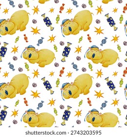 Pattern of Behemoths and Candy on white . Watercolor.