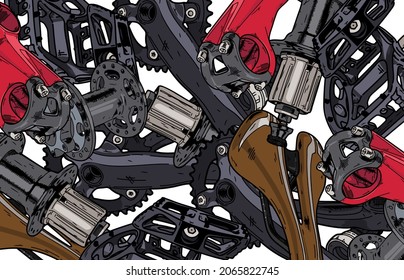 Pattern Of Bike Parts Stacked On Top Of Each Other. Bike Shop Background.Illustration In Ink Hand Drawn Style.