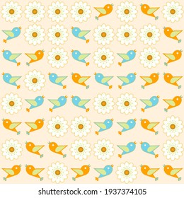 Pattern of birds and daisies on a light pink background.