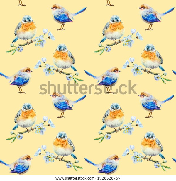 Pattern with birds on a yellow background wallpaper. 