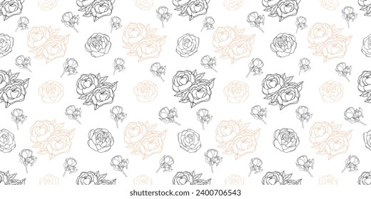 pattern with black and peach peonies on a white background