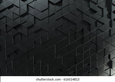 Pattern Of Black Triangle Prisms. Wall Of Prisms. Abstract Background. 3D Rendering Illustration.