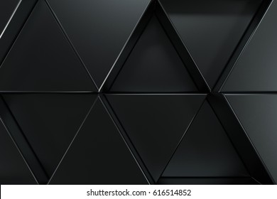 Pattern Of Black Triangle Prisms. Wall Of Prisms. Abstract Background. 3D Rendering Illustration.