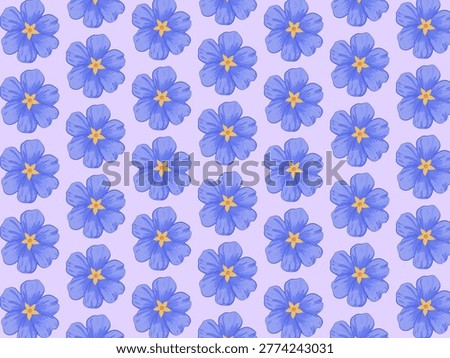 Pattern of blue flowers with five petals and yellow centers, arranged symmetrically on a light purple background. The illustration creates a seamless, repeating design with evenly spaced blossoms, giving a visually pleasing and uniform appearance. Each flower's detailed petal texture adds depth and intricacy to the pattern, ideal for textile or wallpaper designs.
