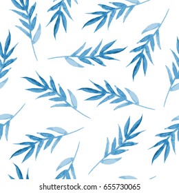 Pattern With Blue Hand Painted Watercolor Leaves. Watercolor Botanical Background