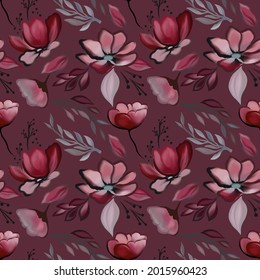 Pattern with burgundy flowers on a gray-red background. Seamless autumn ornament with blossoming flowers with leaves and branches. Red background, isolated elements. For printing on fabric. 300dpi