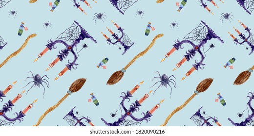 Pattern With Candlesticks And Spiders, Bro For Halloween. Candlestick With Three Burning Candles, A Spider And A Cobweb On Blue Background. Watercolor Illustration